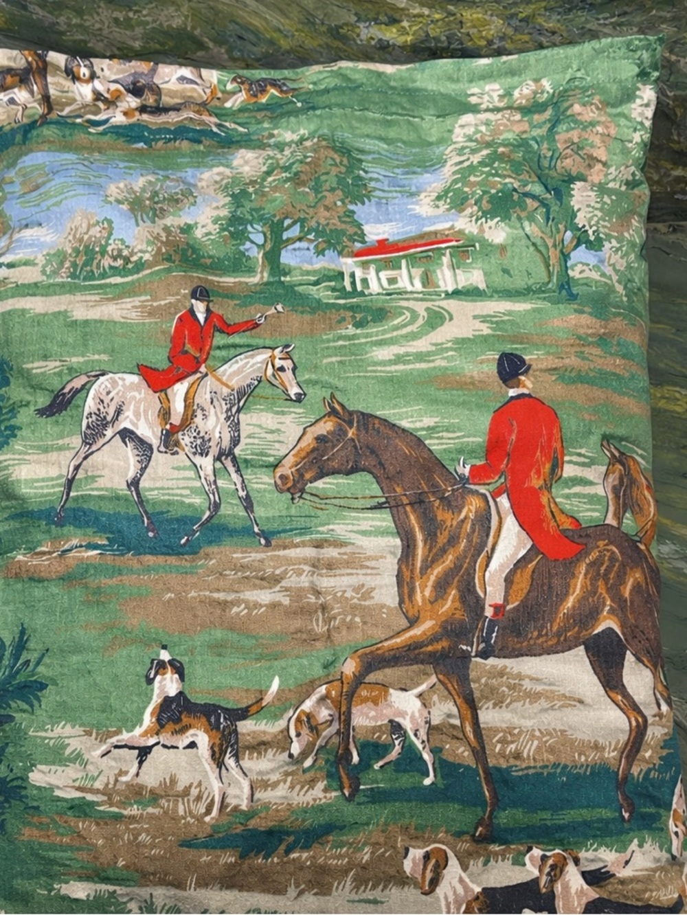 Chintz Equestrian Tote Pillow Cover Vintage Horses Hunting Hounds New